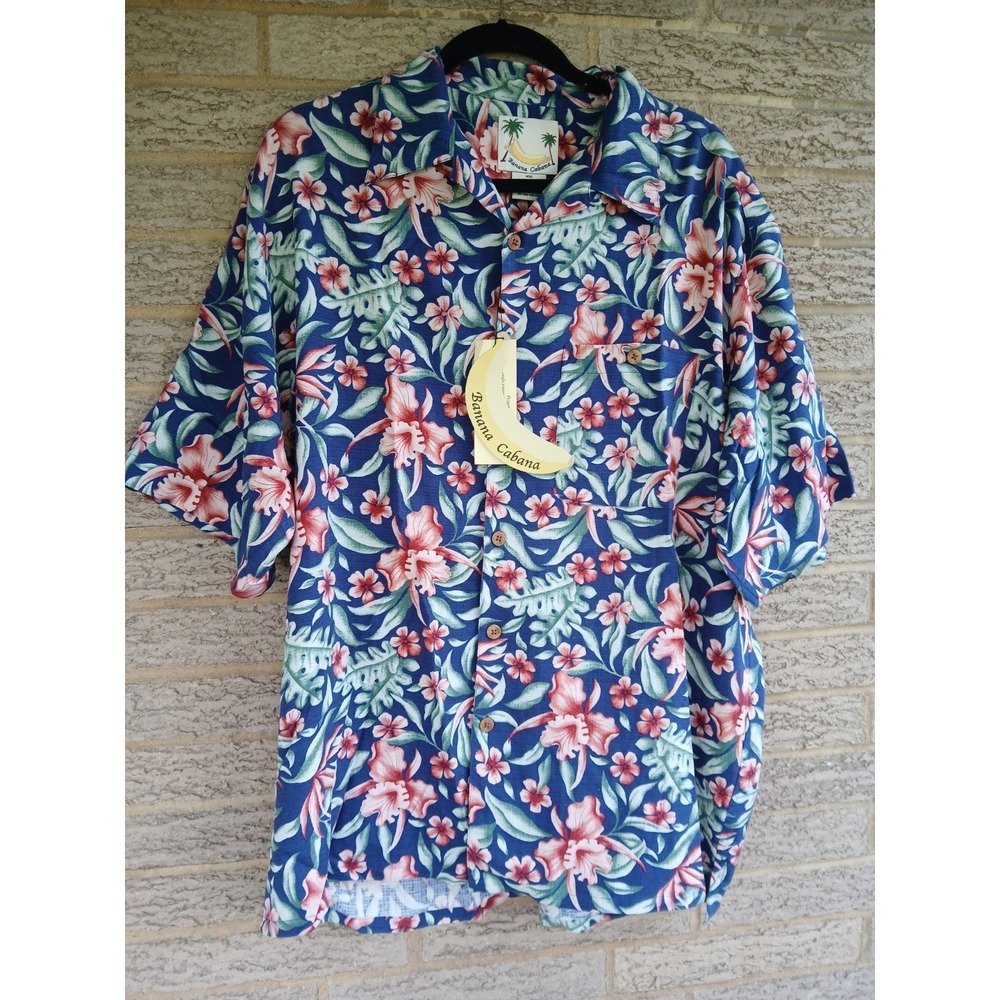 NWT Banana Cabana Men's 100% Silk Floral Hawaiian Button-Down Shirt Sz L Beach